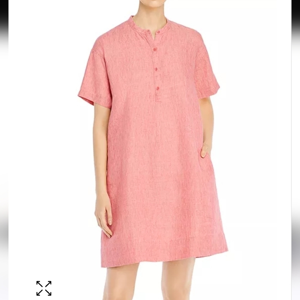 Eileen Fisher Organic Linen Mandarin Collar Shirtdress In Red/Pink XS